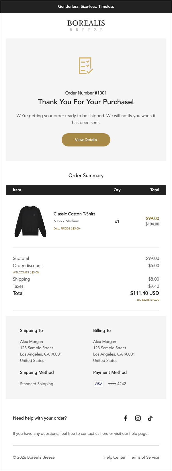 Borealis Breeze Classic order confirmation. White layout with gold buttons and a centered message.