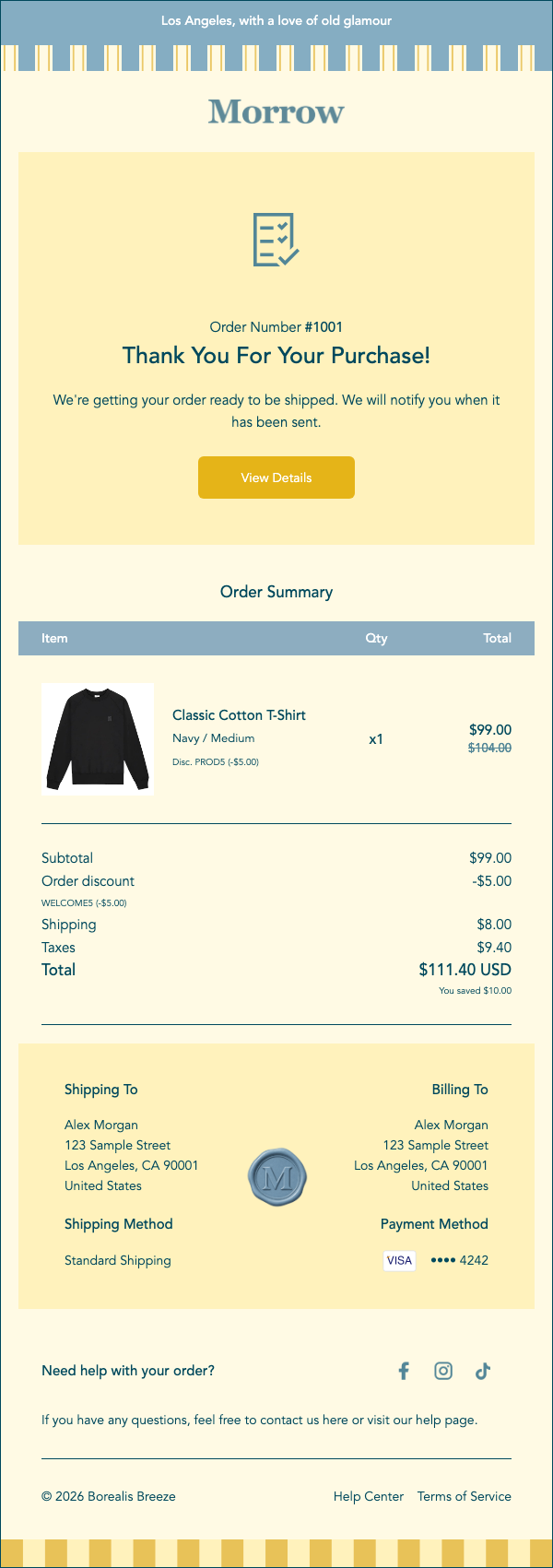 Borealis Breeze Clean order confirmation with a Morrow logo, cream panels, blue details and golden yellow buttons