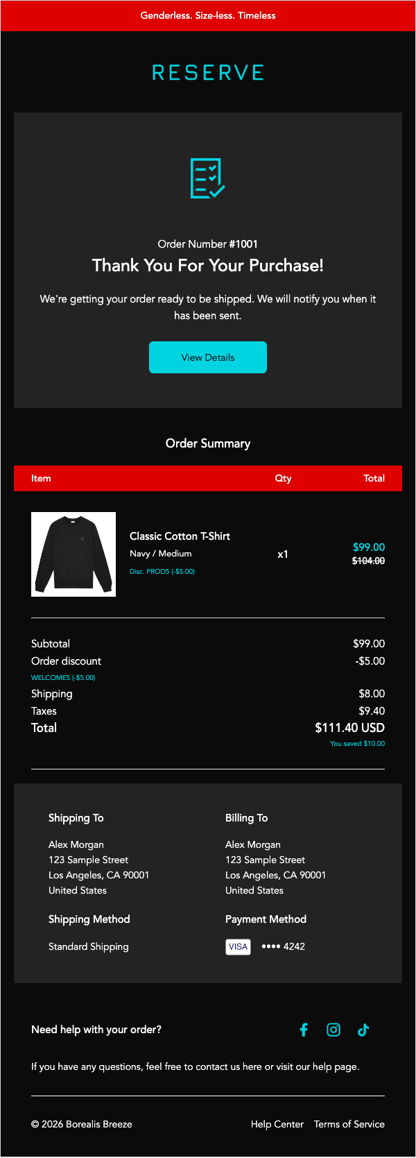 Borealis Breeze Reserve order confirmation. Dark panels with turquoise buttons and accents.