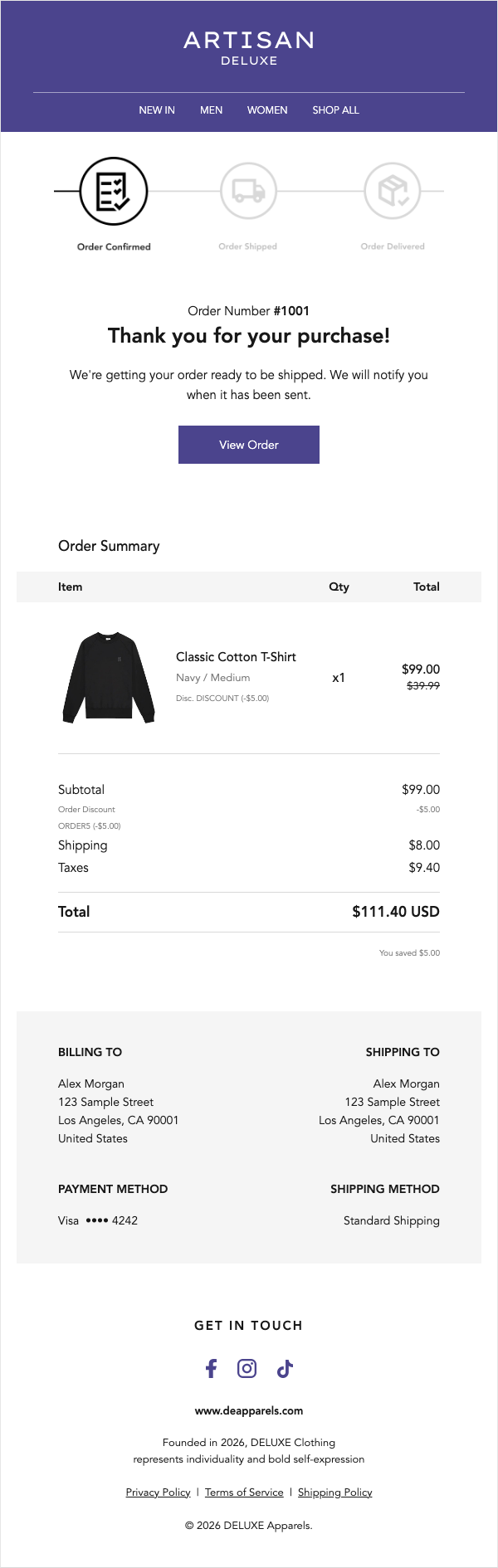 Deluxe Apparels Artisan order confirmation. White layout with violet buttons and a light summary panel.