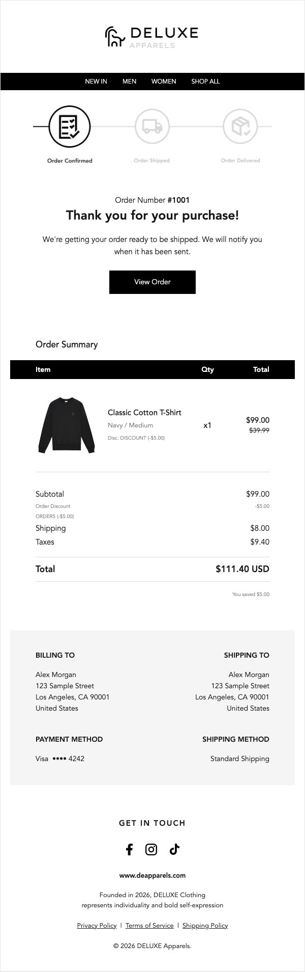 Deluxe Apparels Classic order confirmation. White layout with black navigation and square buttons.