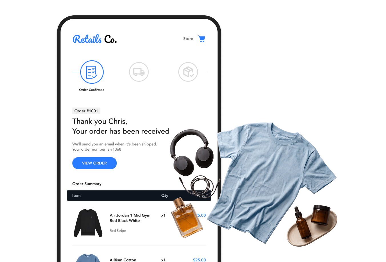 Retails Co email design with product images and matching blue brand details