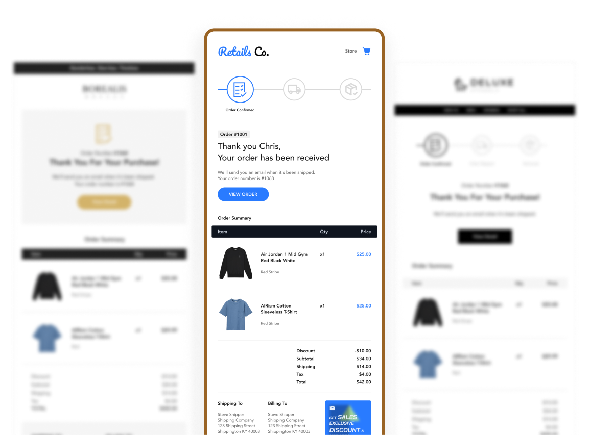 Shopify notification designs from UPILABS, showing Retails Co, Borealis Breeze and Deluxe Apparels