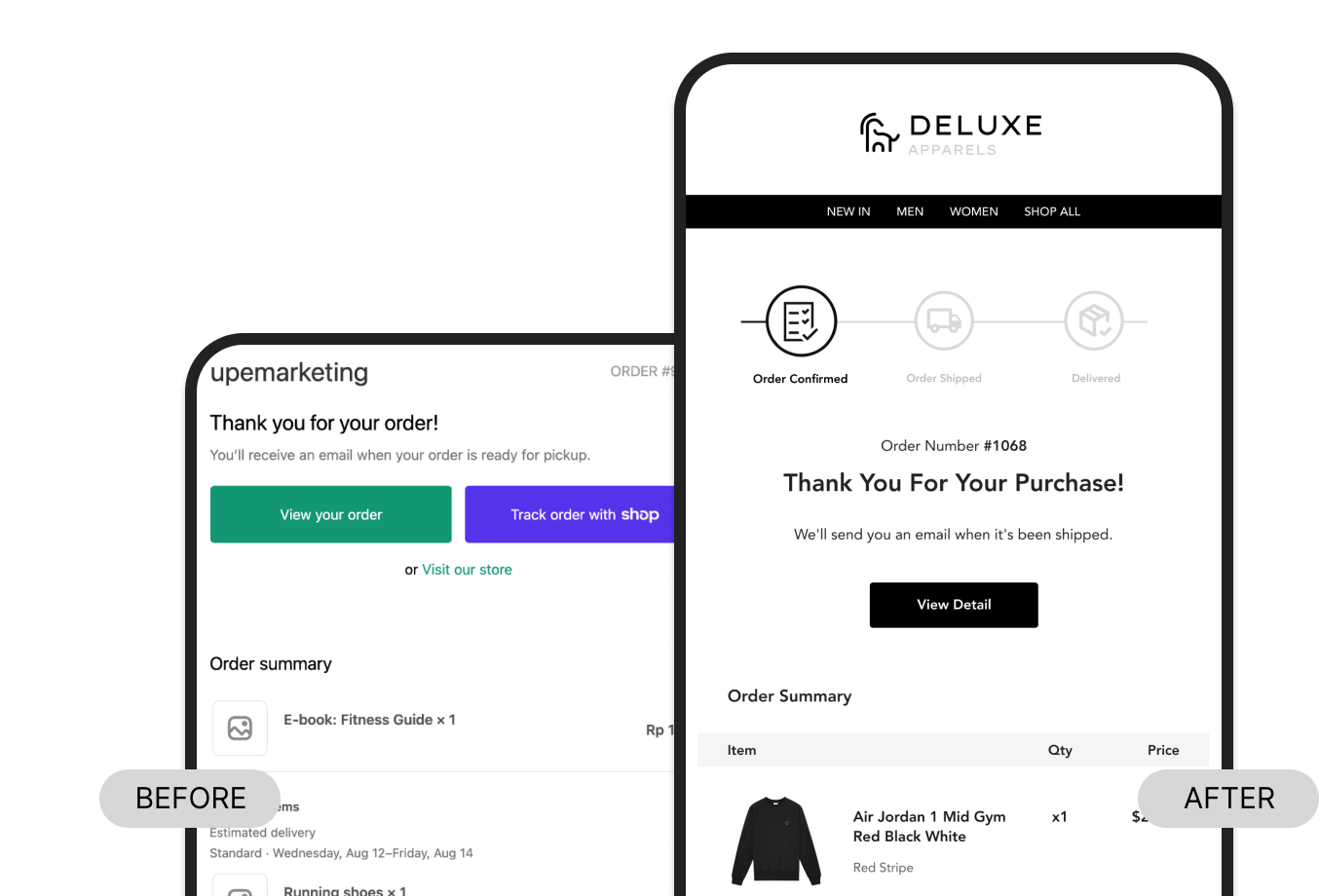 A default Shopify notification beside a branded Deluxe Apparels email design