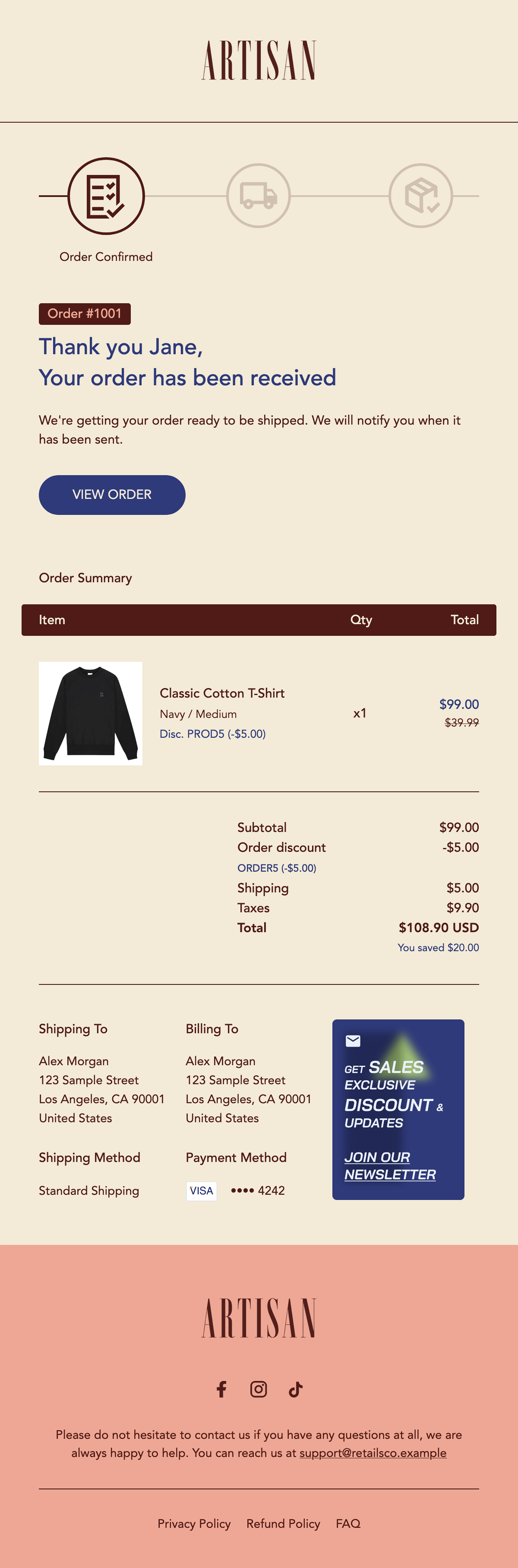 Retails Co Artisan order confirmation. Cream layout, burgundy details and indigo buttons.