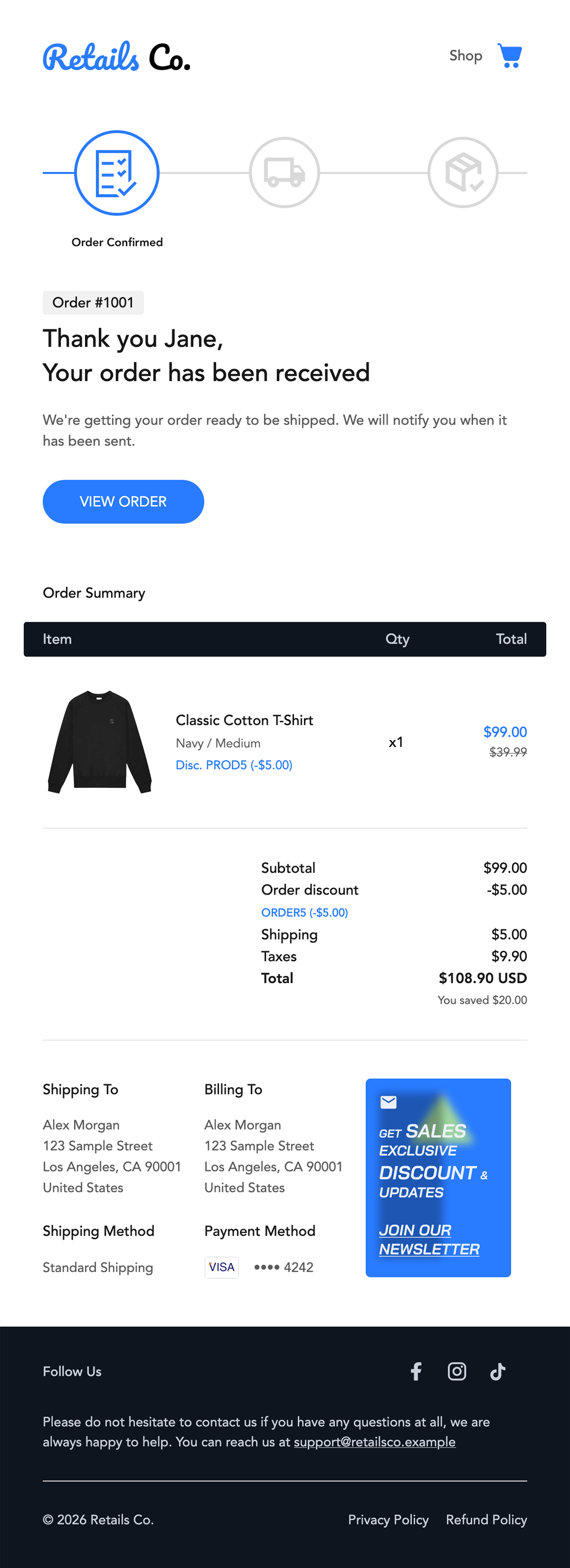 Retails Co Classic order confirmation. White layout, blue buttons and a dark summary header.