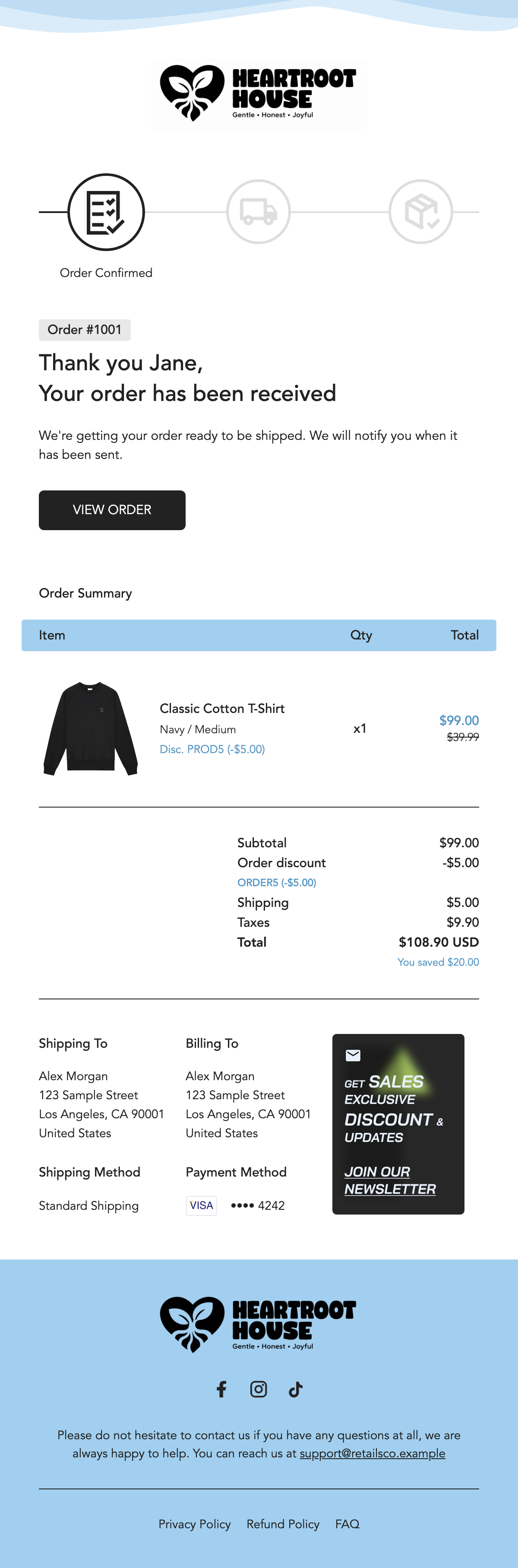 Retails Co Clean order confirmation. White layout, black buttons and a light blue summary header.