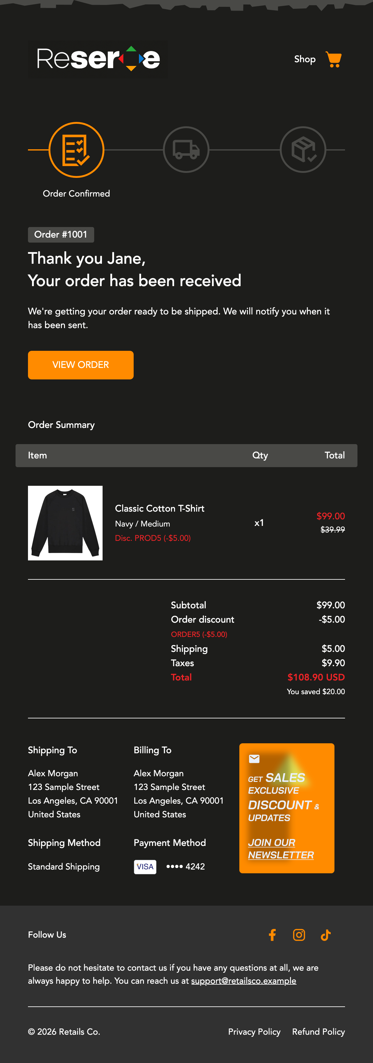 Retails Co Reserve order confirmation. Charcoal layout with orange buttons and accents.