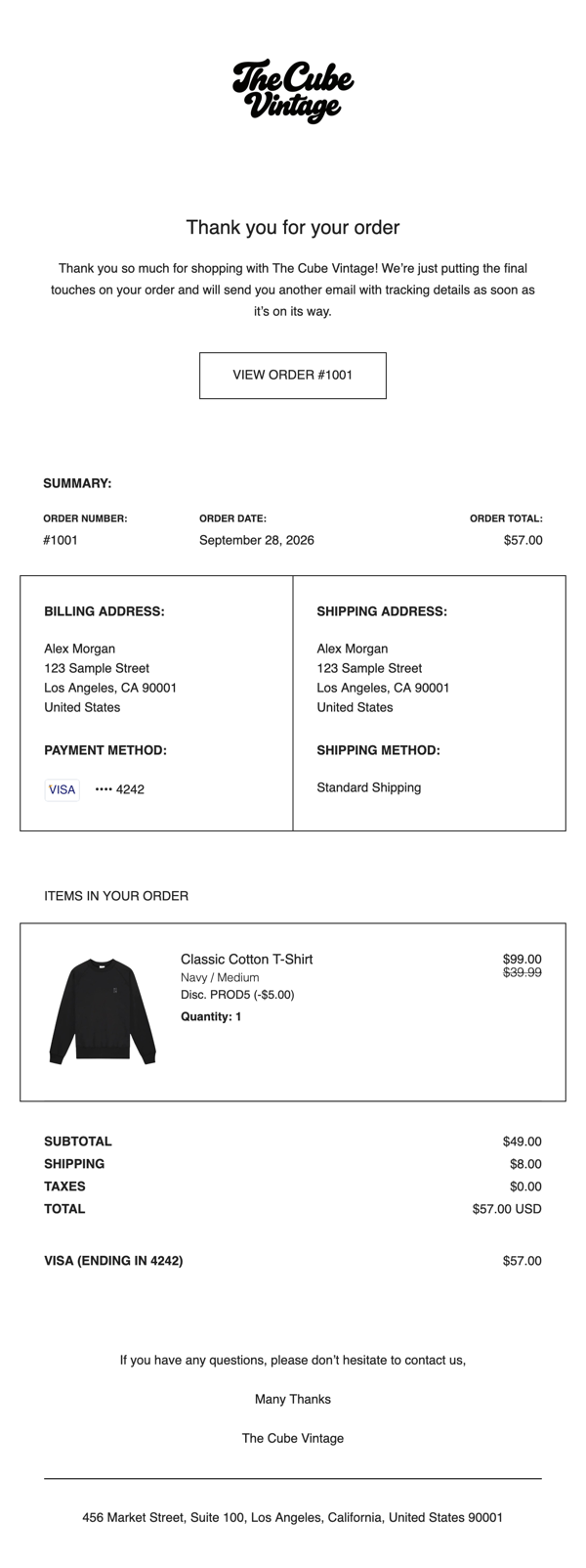 The Cube Vintage Classic order confirmation. Black type, white panels and outlined buttons.