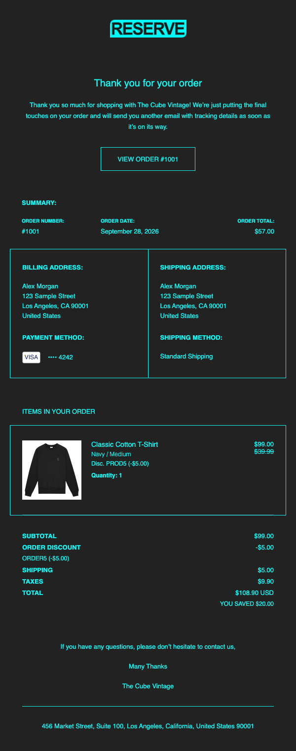 The Cube Vintage Reserve order confirmation. Charcoal panels, cyan text and outlined buttons.